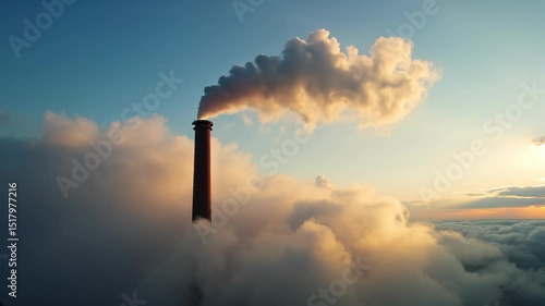 Industrial smokestack emits steam against a serene twilight sky above a cloud layer