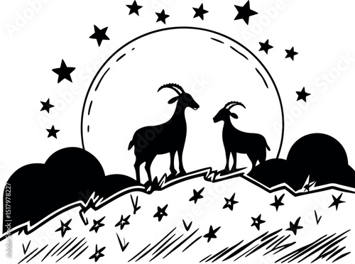 Goat Silhouette with Eid Moon and Stars
