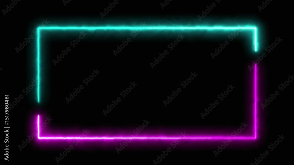 Neon rectangle light frame, glimmering electric motion on black ...