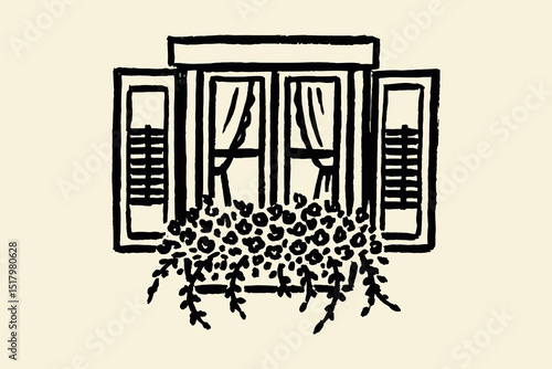 Canvas Print Window with shutters and flower box sketch vector illustration