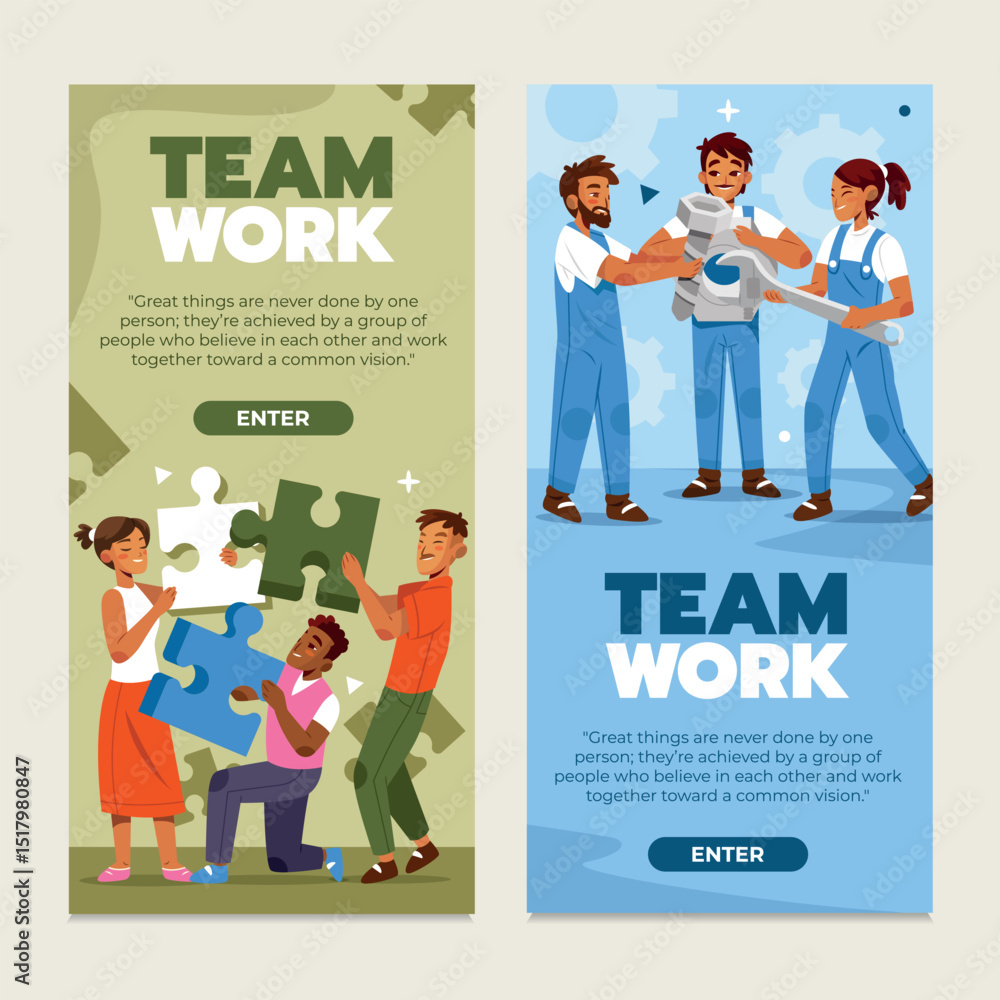 Naklejka premium Flat Team Work Vertical Banner Set