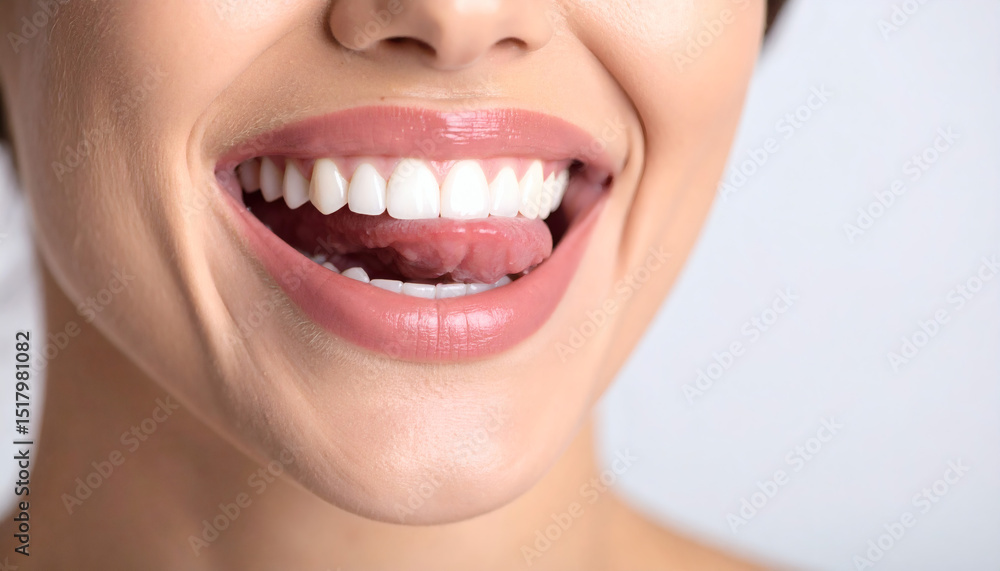 Obraz premium Young smiling woman licking her teeth closeup for joyful expression, natural beauty, and candid portrait photography