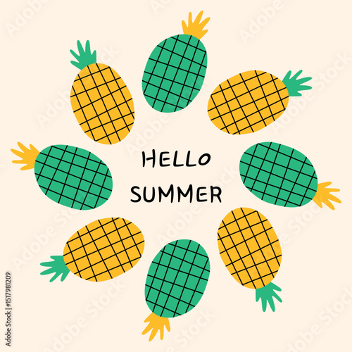 Hello Summer Pineapple Vector Illustration Frame or Template.