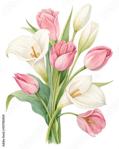 Watercolor illustration flowers on pure white background	
