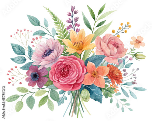 Watercolor illustration flowers on pure white background	
