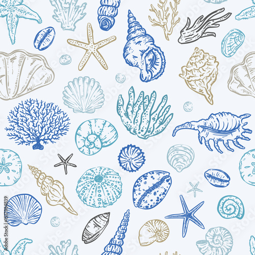 Whimsical seashell hand-drawn style seamless vector pattern
