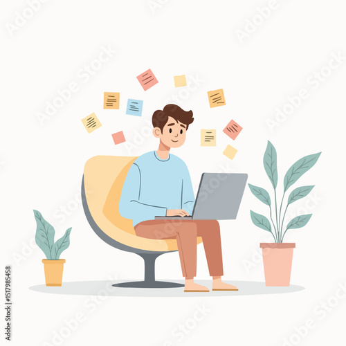 Flat illustration of man working remotely with laptop in cozy workspace – task notes and freelance concept