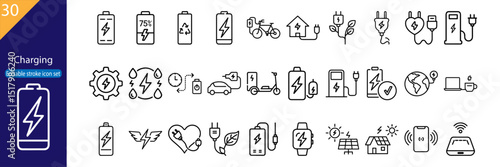 30 line icons for charging, battery, power, electricity, renewable energy, and gadgets. Editable stroke, vector illustrations