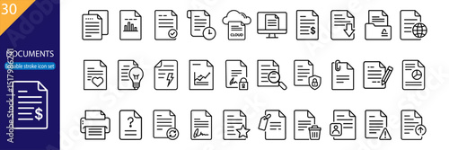 Set of 30 line icons related to documents, files, data, notes, reports, productivity, editable stroke, vector illustration