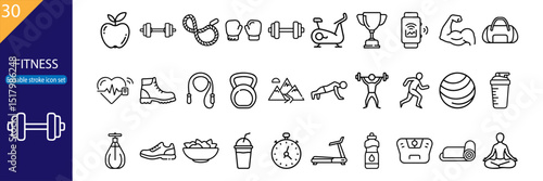 30 fitness line icons for gym, exercise, health, and nutrition. Editable stroke. Vector illustration