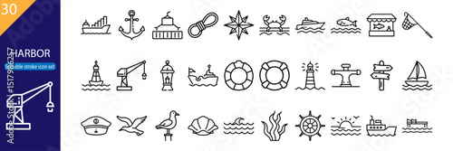 Set of 30 line icons related to harbor, maritime, boats, lighthouses, nautical, relaxation, marine activities, Editable stroke, Vector illustration