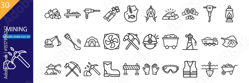 Set of 30 line icons related to mining, excavation, tools, machinery, safety gear, and mineral extraction. Editable stroke. Vector illustration