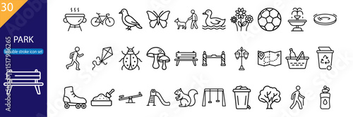 30 line icons of park activities, nature, outdoor furniture, wildlife, and eco-friendly themes; editable stroke vector illustration