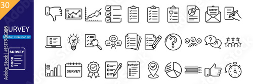 Set of 30 line icons related to survey, feedback, research, data collection, charts, analysis, evaluation, editable stroke, vector illustration