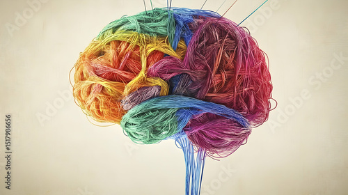 Abstract conceptual illustration of human brain composed of colorful tangled threads