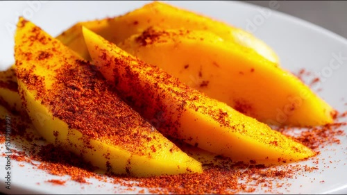 Freshly sliced mangoes artfully arranged and spiced to perfection, inviting a culinary exploration.