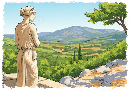 Ancient statue overlooking lush hills and valleys under blue sky  