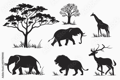 Canvas Print African safari animals and trees silhouettes