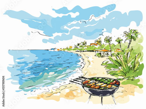 Beachside barbecue with grill and colorful vegetables near the ocean  