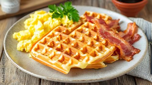 Wallpaper Mural Savory Delight: Golden Waffles, Crispy Bacon, and Fluffy Scrambled Eggs on Rustic Table Torontodigital.ca