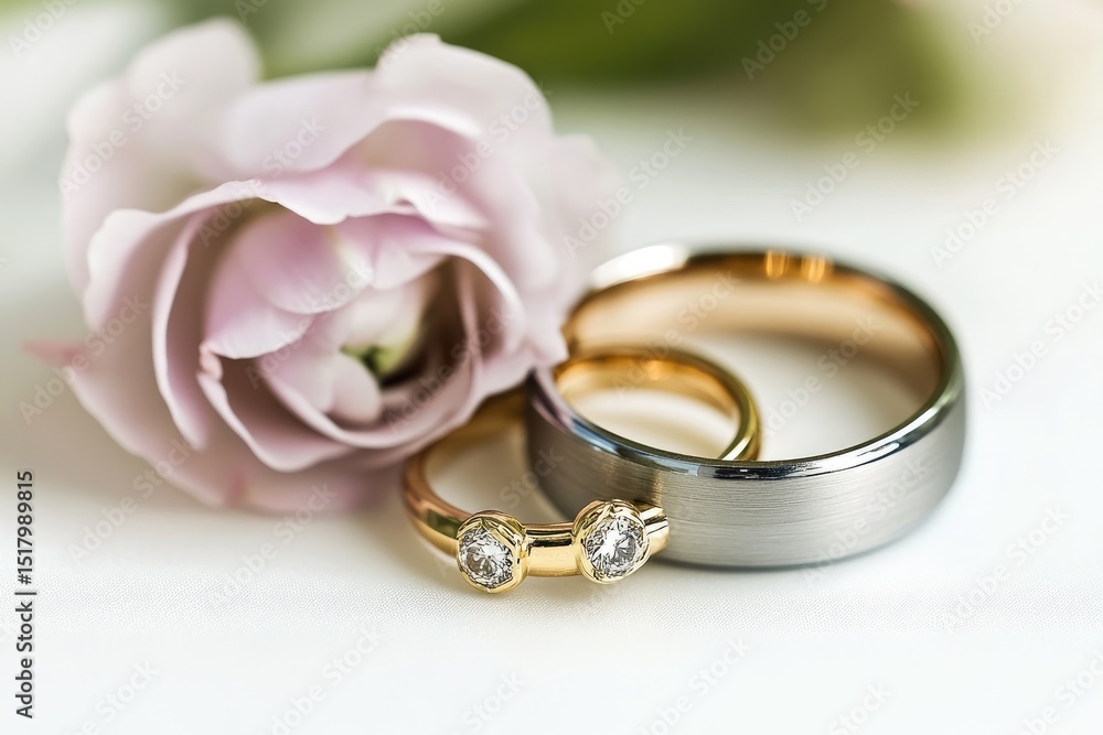 Two wedding rings, one gold, one grey, rest beside a pale pink flower on a white background Two wedding rings, one gold, one grey, rest beside a pale pink flower on a white background