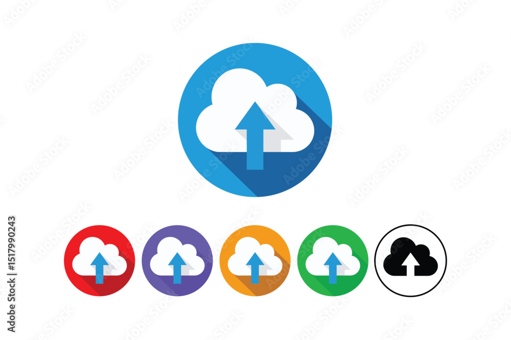 Cloud upload icon set with flat style design in various color variations Cloud upload icon set with flat style design in various color variations