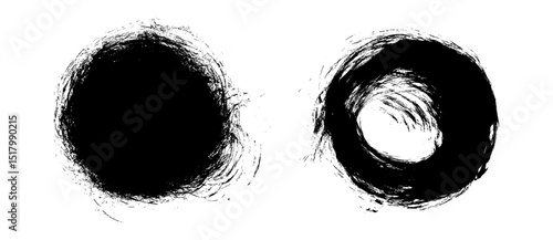 Vector paint brush strokes. Black ink circles. Japanese zen circle frames. Chinese hand-drawn smears. Grungy Asian calligraphy elements set. Modern urban punk brushstroke splatter bg