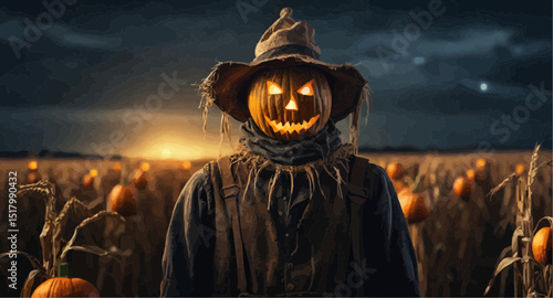 A scarecrow featuring a glowing pumpkin head stands tall in a haunted cornfield beneath a starry Halloween sky.  