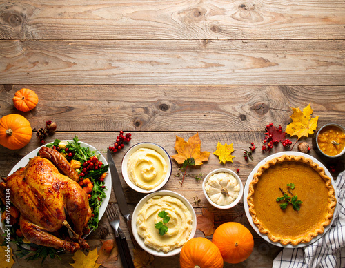 Rustic Thanksgiving Table – Top-down view of dinner table with turkey and sides, no people. Perfect for food blogs and cozy fall themes.