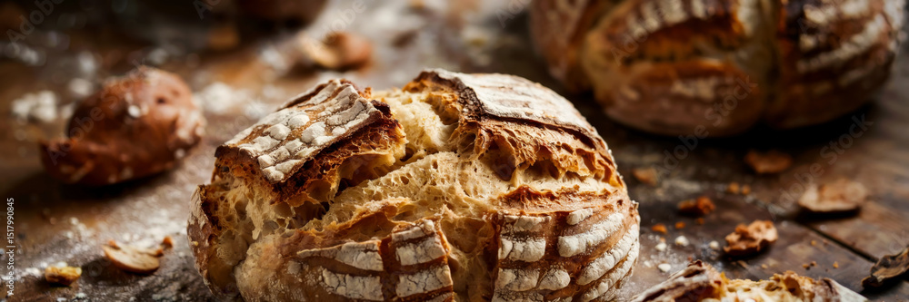 Close-up macro of golden bread crust showing porous bubbles and cracked edges with rustic toasted texture, long banner. Close-up macro of golden bread crust showing porous bubbles and cracked edges with rustic toasted texture, long banner.