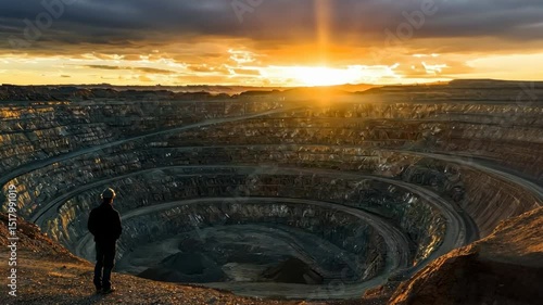Lone figure surveys vast, sun-drenched quarry at sunset, layered rock faces descending into deep, dark pit