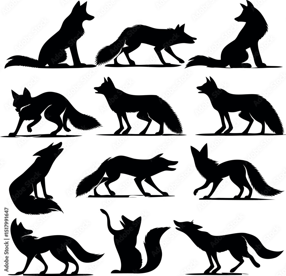 Obraz premium Silhouette Collection of Foxes in Various Poses Against a White Background
