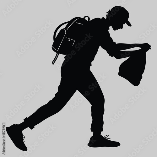a person putting on a backpack silhouette vector design art and illustration