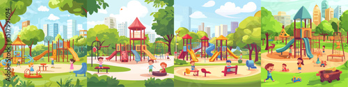A collection of lively playground scenes featuring children engaged in various activities in a green park. Ideal for family, nature, and urban lifestyle themes.