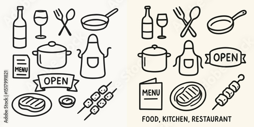 A collection of hand-drawn kitchen and restaurant elements including aprons, utensils, and an 'Open' sign, perfect for food-related projects.