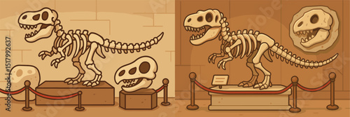 Explore a playful illustration of a dinosaur skeleton display in a museum setting, featuring a T-Rex and a detailed backdrop.