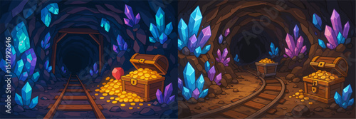 Explore a vibrant fantasy mine interior featuring treasure chests overflowing with gold and glowing crystals adorning the walls. Perfect for adventure-themed artwork!