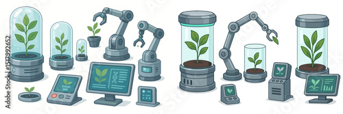 Explore an imaginative fusion of technology and nature with robotic arms, monitors, and glass domes nurturing plants in a futuristic setting.