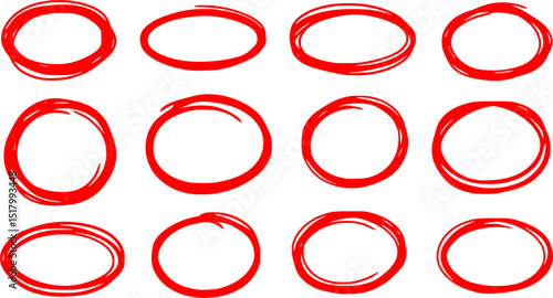 Red circle highlight, pen ovals doodle. Marker ellipses frames in sketch style. Hand drawn vector illustration isolated on white background