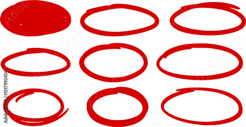 Red circle highlight, pen ovals doodle. Marker ellipses frames in sketch style. Hand drawn vector illustration isolated on white background