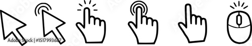 Computer mouse click cursor isolated on transparent. Cursors icons click set. Cursor set in hand, arrow and mouse forms, hand pointer.
