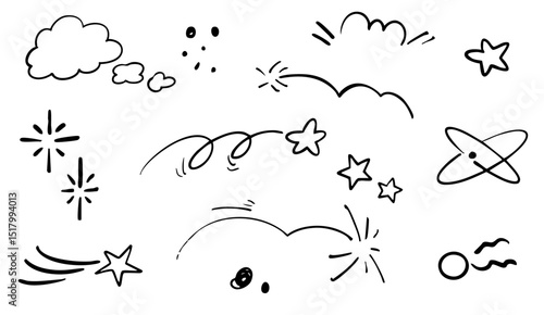 手書きの星や流れ星。キラキラや惑星の漫符　あしらい漫符アイコンセット　ベクター黒