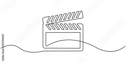 Continuous one line drawing of Film Clapper, Clapper board continuous one line drawing. Movie scene episode production concept. Vector illustration isolated on white, One continuous line drawing.
