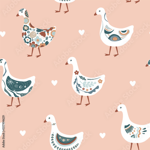 Cute abstract painted cartoon geese seamless pattern. Doodle patterned goose collection. Rustic, nursery, folk, or Scandinavian style. Vector background.