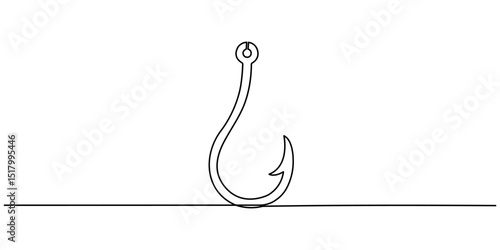 Fishing hook line continuous drawing vector. One line Hook vector background, Continuous outline of a Fishing hook, Fishing hook line continuous drawing vector. One line Hook vector background. fisher