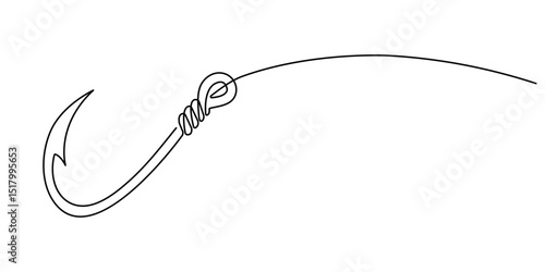 Fishing hook line continuous drawing vector. One line Hook vector background, Continuous outline of a Fishing hook, Fishing hook line continuous drawing vector. One line Hook vector background. fisher