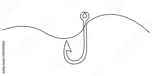 Fishing hook line continuous drawing vector. One line Hook vector background, Continuous outline of a Fishing hook, Fishing hook line continuous drawing vector. One line Hook vector background. fisher