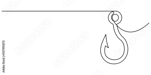 Fishing hook line continuous drawing vector. One line Hook vector background, Continuous outline of a Fishing hook, Fishing hook line continuous drawing vector. One line Hook vector background. fisher