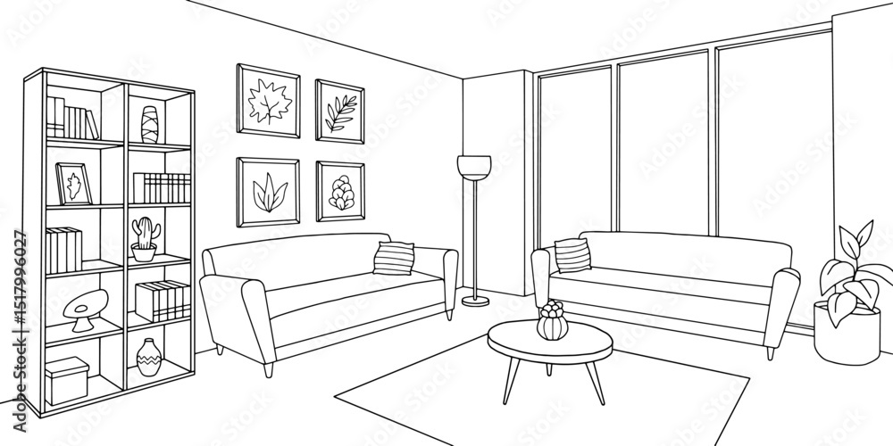 Fototapeta premium Living room graphic black white home interior sketch illustration vector 