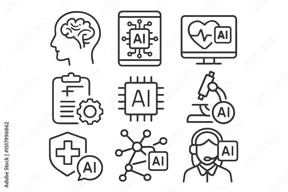 Fototapeta premium AI Healthcare Innovation: A collection of illustrations visualizing the groundbreaking advancements in AI-powered healthcare technology, including medical diagnosis, patient monitoring.